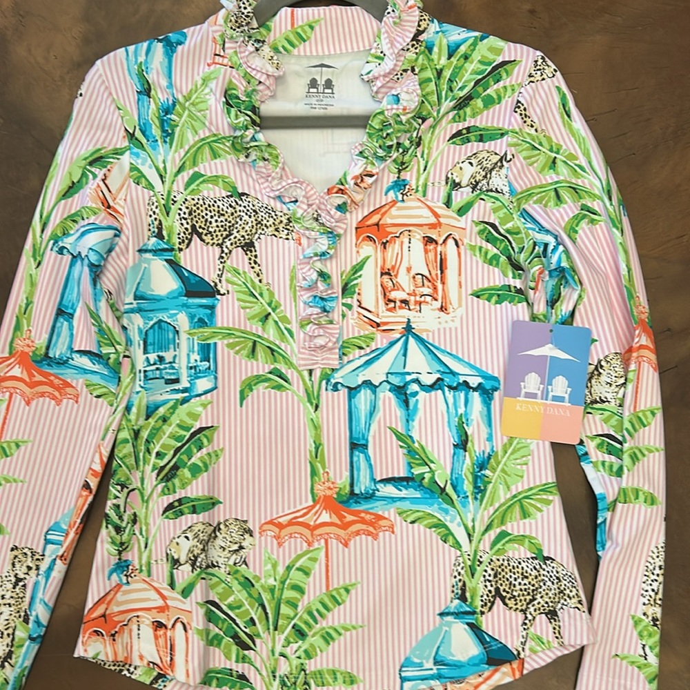 Kenny Dana UPF 50 Floral royal palm tunic Print Blouse - Pink and Green NWT